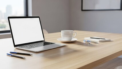 Modern laptop and coffee cup on a wooden desk for business work and productivity