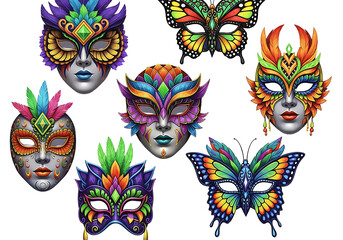 Colorful Masks and Butterflies Illustration Set.