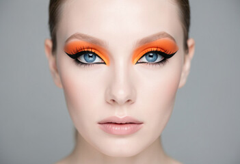 Gros plan captivant sur les yeux d'une femme avec fard &agrave; paupi&egrave;res orange vif et eye-liner noir dramatique