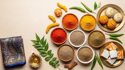 Vibrant Indian Spices Arranged with Fresh Ingredients and a Traditional Diya
