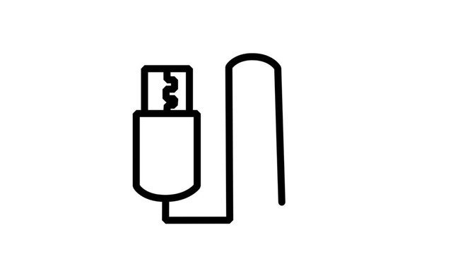 USB Cable Or Connector Motion Icon. Line art animation of a USB plug and cable representing data transfer and device charging.