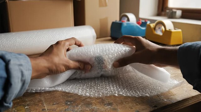 Fast Paced Bubble Wrap Packing Demonstration For Shipping.