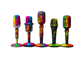 Colorful Microphones on Stands with Rainbow Effect.