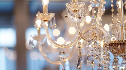 A close-up of an elegant crystal chandelier with sparkling beads and soft, warm light. The background is softly blurred, enhancing the chandelier's beauty.