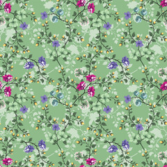 Delicate watercolor floral pattern with pastel pink, yellow, blue, and red flowers, interwoven with green leaves on a light cream background. Hand painted brushstrokes 