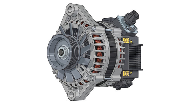 Detailed view of an automotive alternator showcasing its mechanical components and electrical parts in a technical illustration