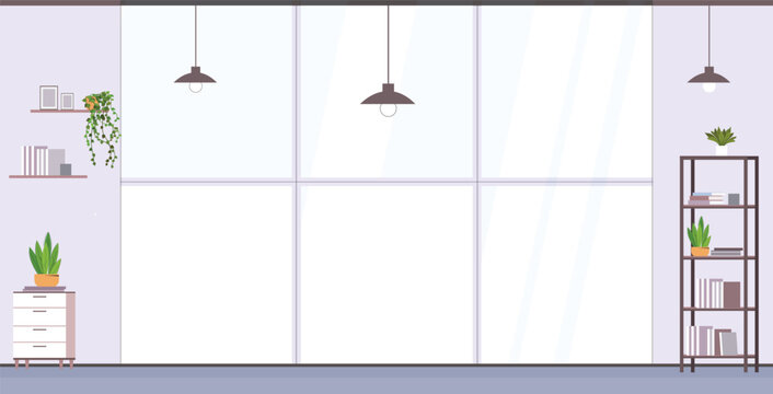 Office room interior flat vector illustration. Cartoon empty creative office workplace environment with modern furniture, table, computer, panoramic window. Inside decor design, workspace background