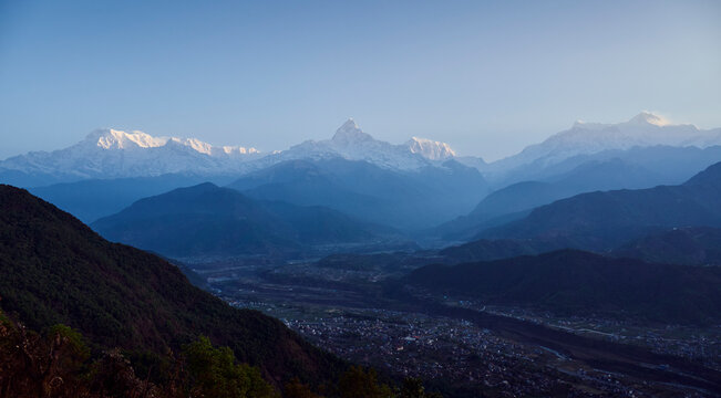 Panorama of Himalayas and fishtail mountain in Pokhara, Nepal