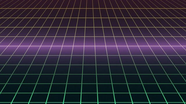 Retro-futuristic neon grid pattern receding into a dark background, creating a vibrant digital landscape with a sense of infinite perspective.
