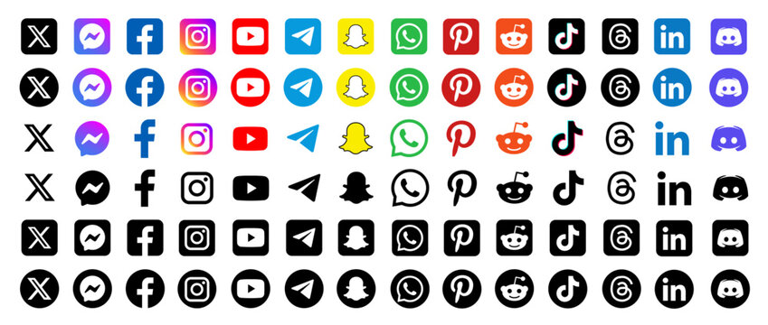 Complete 2026 social media icon collection containing both colored and black logos of popular platforms such as Facebook, X, Instagram, YouTube, and TikTok.
