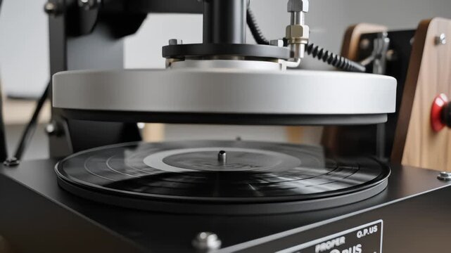 Close up view of an automated vinyl record flattener machine pressing down on a black LP disc to repair warping and restore audio fidelity