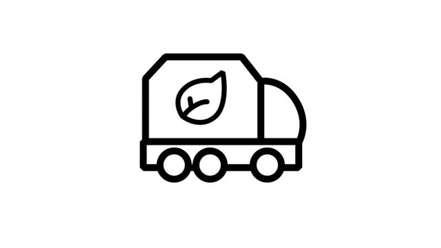 Eco-Friendly Garbage Truck Motion Icon. Line icon animation of a garbage truck with a leaf symbol representing green recycling services.