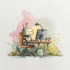 Watercolor illustration of an AI chatbot robot sitting at a desk using a computer