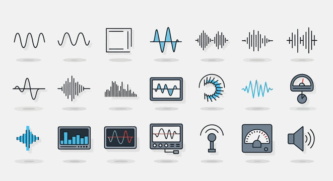 Audio wave icons, sound frequency, signal, equalizer, and oscilloscope vector set