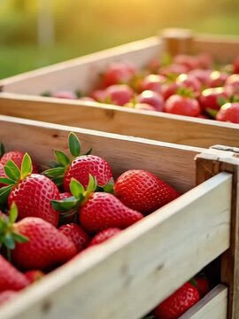 Fresh red strawberry harvest in wooden crates. Rows of ripe berries for farm market fruit production.
