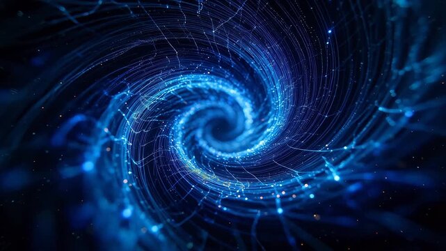 Abstract blue purple spiral light vortex with glowing particles on dark background