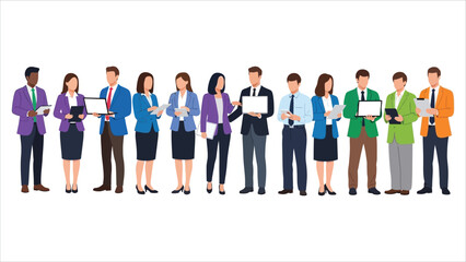 Flat Vector Illustration of 10 Diverse Professionals with Laptops and Tablets in Modern Business Casual Style