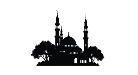 Fototapeta premium Mosque Silhouette with Minarets and Dome against White Background