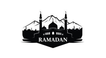 Obraz premium Ramadan mosque silhouette with mountains and minarets in Islamic style
