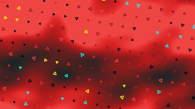 A vibrant abstract background featuring a pattern of small, colorful triangles scattered across a textured red surface with darker, wavy areas.