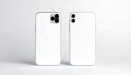 Two white smartphones, front and back views, on a white background.