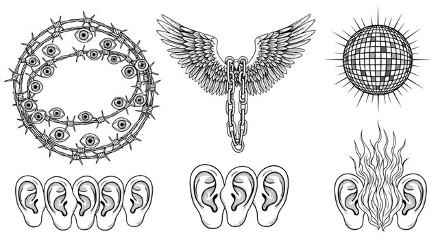 Collection of surreal black and white sketches including eyes on barbed wire, wings with chains, and clusters of human ears with flames.