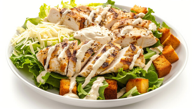 Caesar salad topped with grilled chicken, Parmesan shavings, croutons, and creamy dressing isolated on white background AI generated