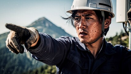 Determined Japanese worker in hard hat pointing ahead at mountain site