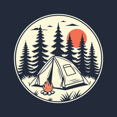 campfire,pine trees,tent,night sky,mountain landscape,wilderness,adventure,exploration,cozy,outdoors,nature,digital art,vector illustration