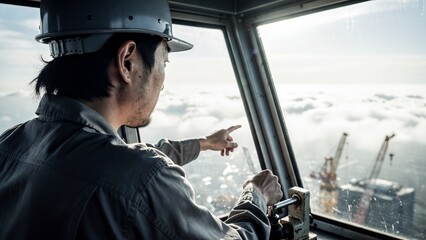 Crane operator in cabin pointing at a construction site above clouds.