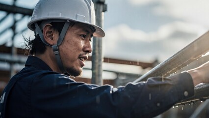 Determined Asian construction worker in hard hat at rainy site