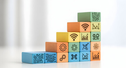 Wooden Blocks Representing Technology Growth on White Background