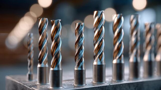 Precision steel drill bits in motion: industrial tool display with bokeh