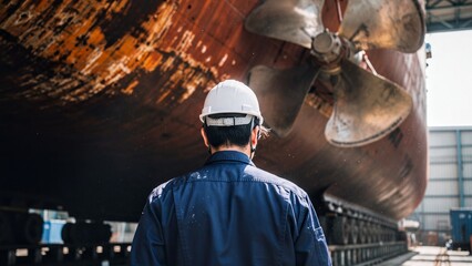 Marine engineer inspecting a massive ship hull and propeller