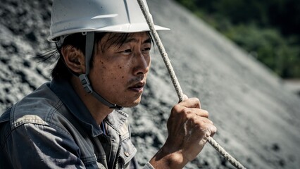 Serious construction worker in hard hat holding rope at a work site