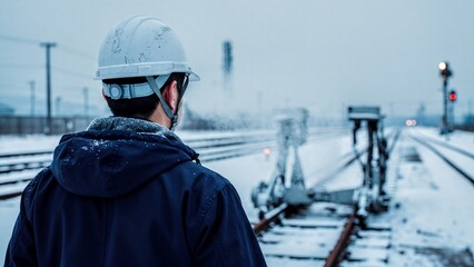 Railway worker in hard hat inspecting snow-covered tracks in winter