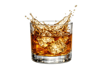 Whiskey drink splashing in glass with ice cubes, amber liquor refreshing alcohol beverage, transparent background