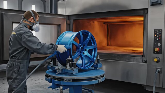 Professional technician powder coating an alloy car wheel rim in blue color and using industrial oven for curing process