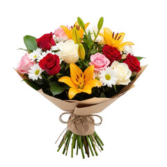 A vibrant bouquet of flowers in full bloom, featuring a mix of colors and varieties.