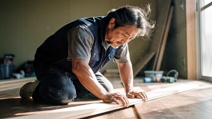 Skilled Japanese carpenter installing wooden flooring in a house.