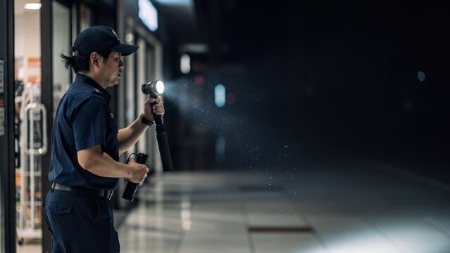 Security guard patrolling with a flashlight at night in the city