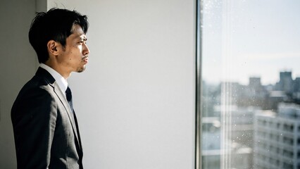 Serious Asian businessman looking out window with city view