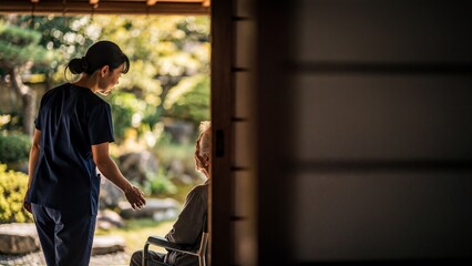 Nurse caring for senior woman in wheelchair by a Japanese garden