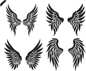 Obraz premium A vector set of black wing illustrations featuring eagle and angel silhouettes for tribal tattoo designs, bird icons, and flying heart symbols representing freedom