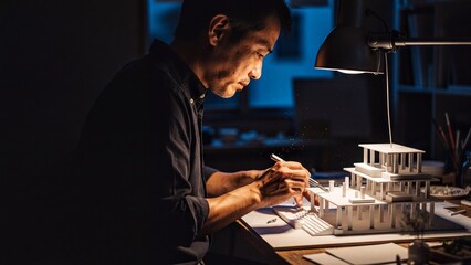 Architect working on a precision miniature building model at night
