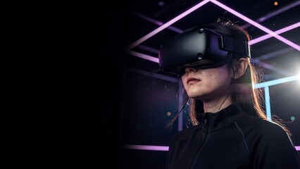 Young woman in VR headset experiencing the neon digital metaverse