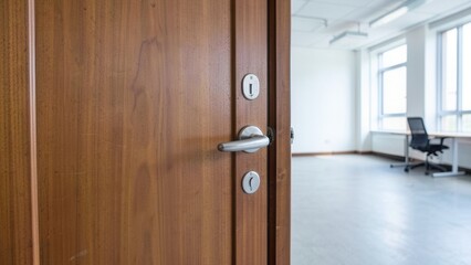 Obraz premium A wooden door with a silver handle in an empty office space. 