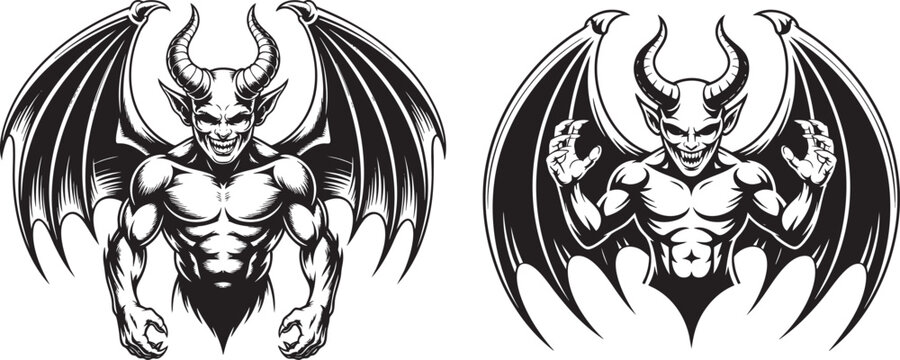 Fierce Horned Demon with Dragon Wings Black and White Tattoo Design Vector Illustration