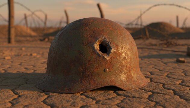 Rusted Military Helmet With Bullet Hole Resting On Cobblestones