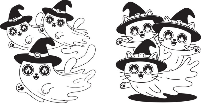 Cute Ghost Cats with Witch Hats &ndash; Black and White Halloween Illustration